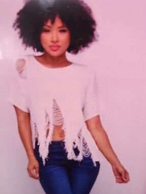 Love J Womens White Fringe Oversized Distressed Sweater Cropped Shortsleeve Top